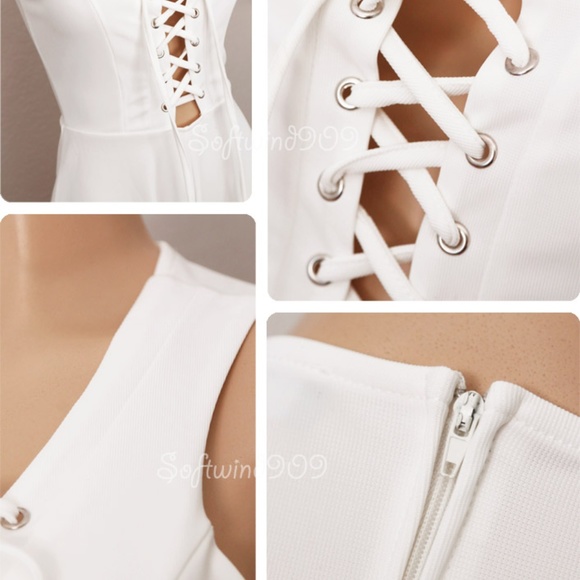 Ivory White Plunge Laced Up Stretchy Sexy Romper - Picture 5 of 8